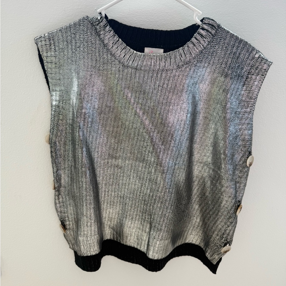 Silver Sleeveless Knit Sweater with Button Details